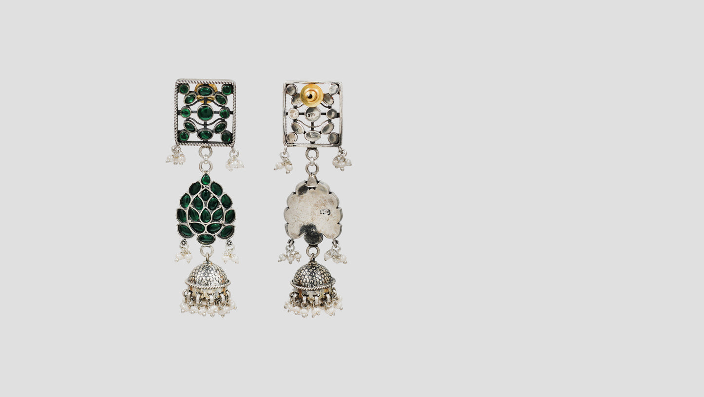 Sangeeta Boochra Royal Green Kundan Silver Statement Jhumkas