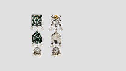 Sangeeta Boochra Royal Green Kundan Silver Statement Jhumkas