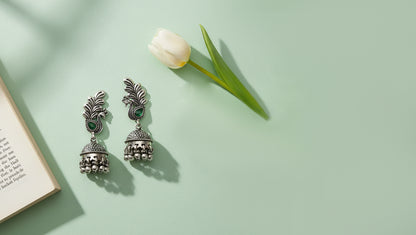 Sangeeta Boochra Peacock Motif Oxidised Silver Jhumka Earrings