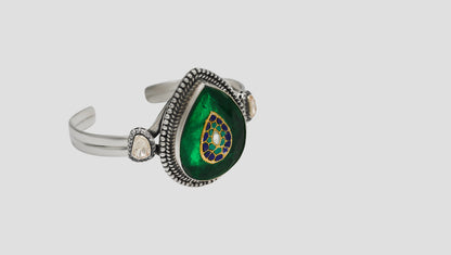 Sangeeta Boochra Handcrafted Green Stone & Kundan Silver Hand Bracelet