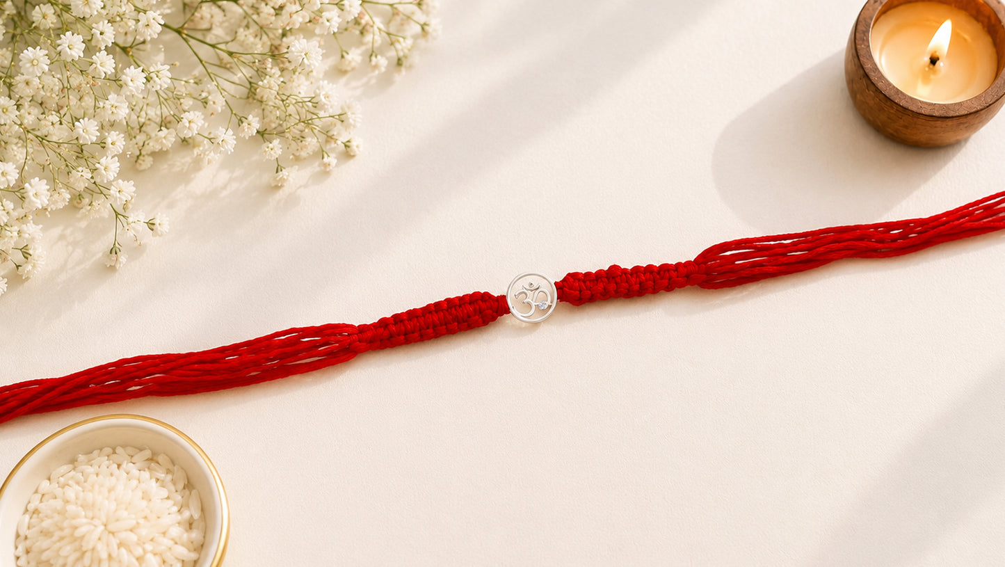 925 Sterling Silver Om Rakhi with Red Thread | Sangeeta Boochra