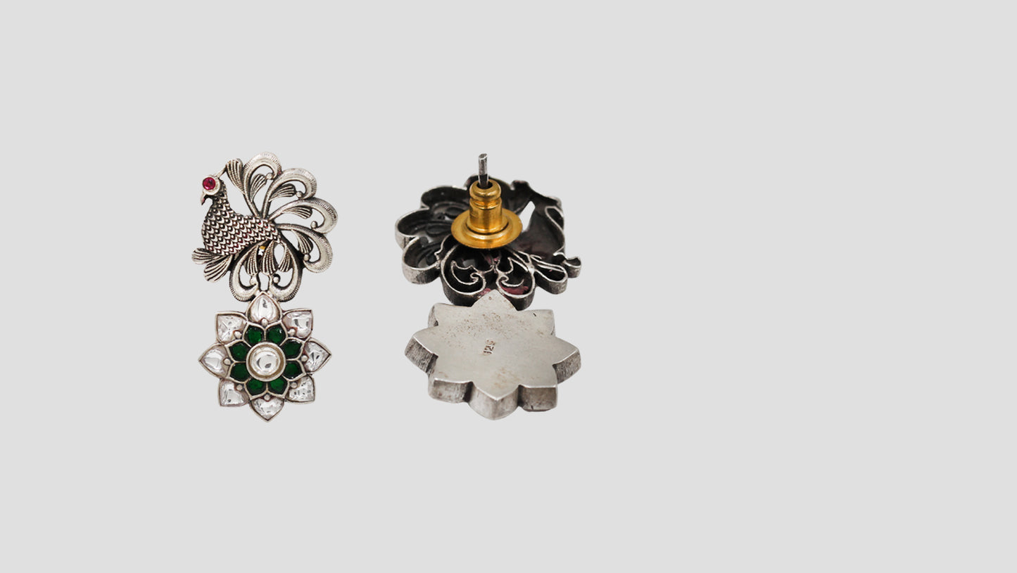 Sangeeta Boochra Handcrafted Peacock Motif Kundan Silver Earrings