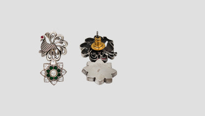 Sangeeta Boochra Handcrafted Peacock Motif Kundan Silver Earrings