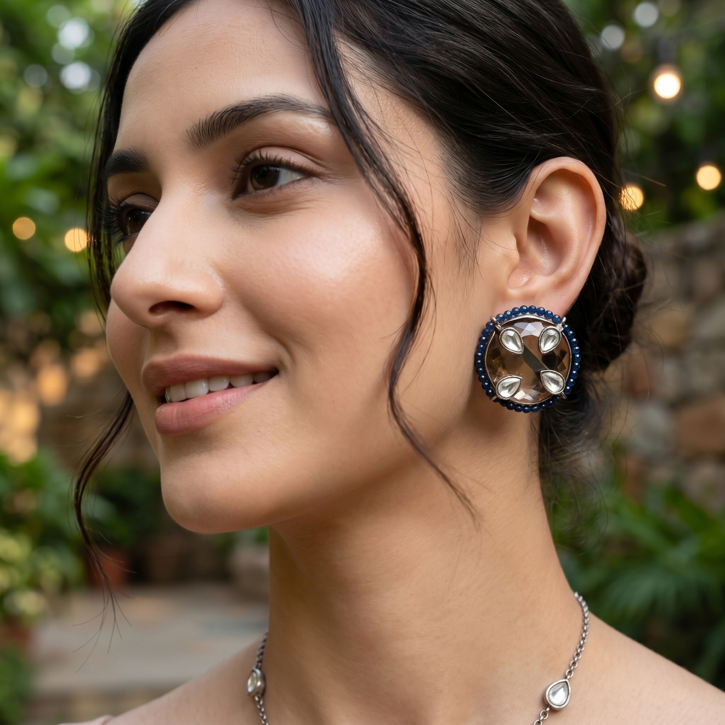 Sangeeta Boochra Handcrafted Silver Studs with Blue Bead Halo