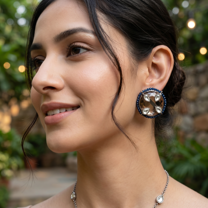 Sangeeta Boochra Handcrafted Silver Studs with Blue Bead Halo