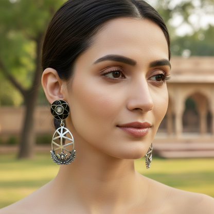 Sangeeta Boochra Handcrafted Black Stone Silver Danglers