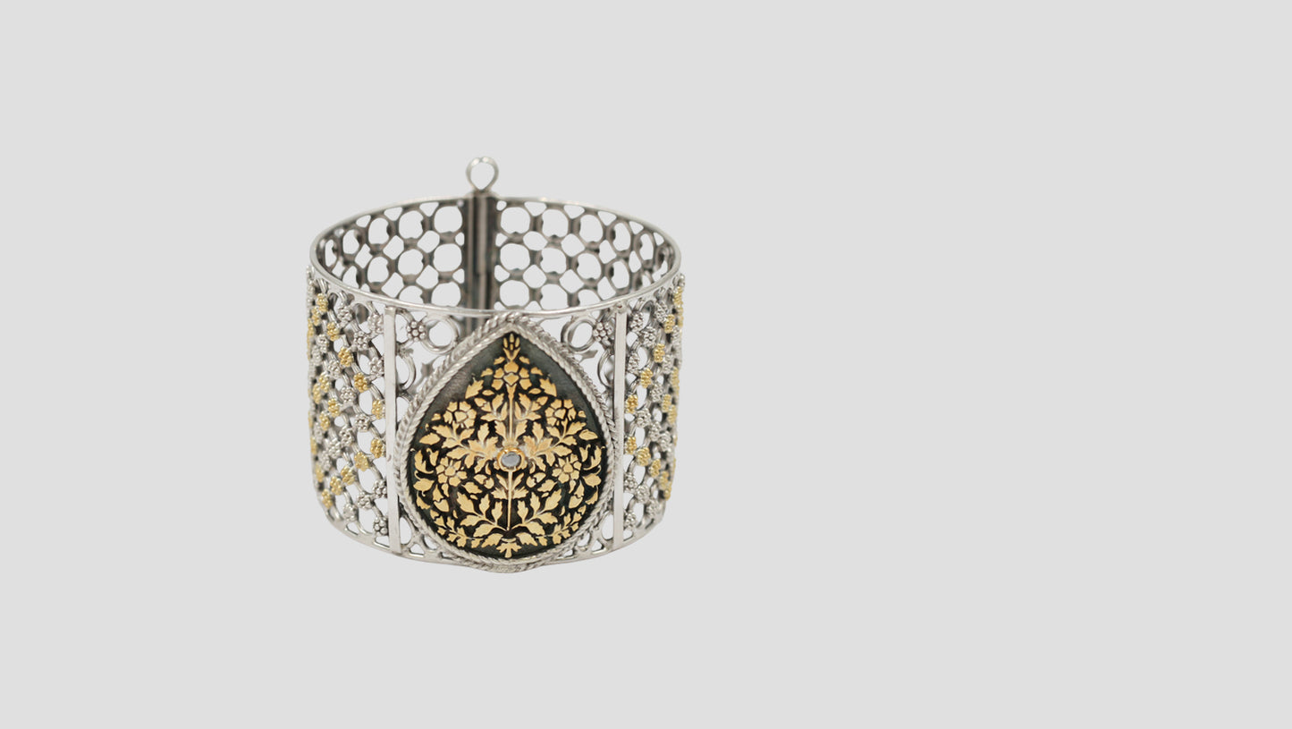 Sangeeta Boochra Dual-Tone Silver Statement Bangle – Intricate Floral Design