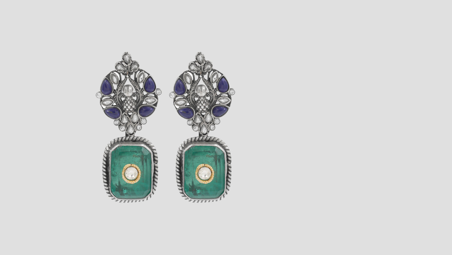 Oxidised Silver Floral Earrings with Green Gemstone – Sangeeta Boochra