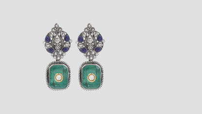 Oxidised Silver Floral Earrings with Green Gemstone – Sangeeta Boochra
