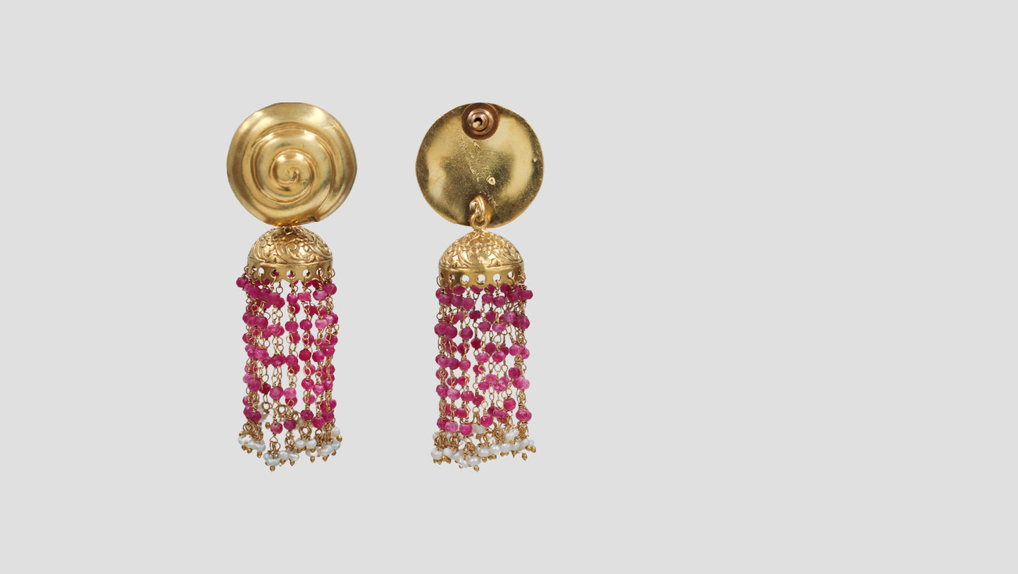 Sangeeta Boochra Elegant Gold Plated Pink Bead & Pearl Tassel Earrings