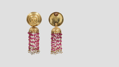 Sangeeta Boochra Elegant Gold Plated Pink Bead & Pearl Tassel Earrings