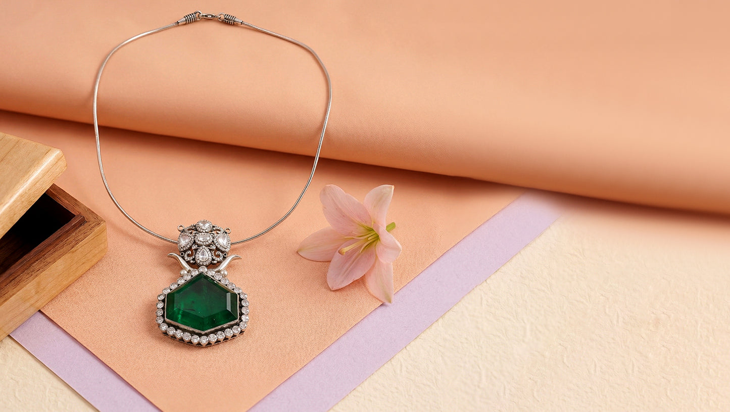 Sangeeta Boochra Handcrafted Moissanite Silver Pendant with Green Stone Accent