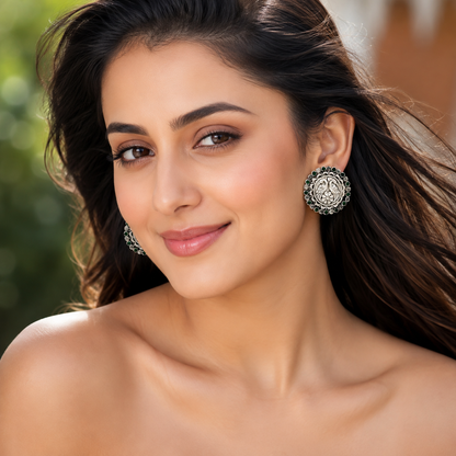 Sangeeta Boochra Signature Oxidised Silver Peacock Heritage Stud Earrings