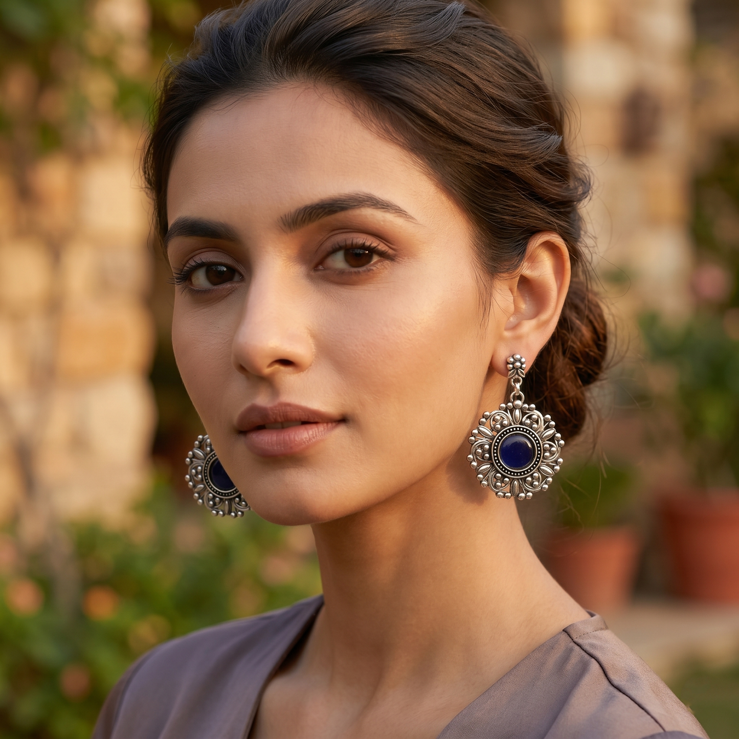 Sangeeta Boochra Artisan Silver Earrings with Blue Center Stone