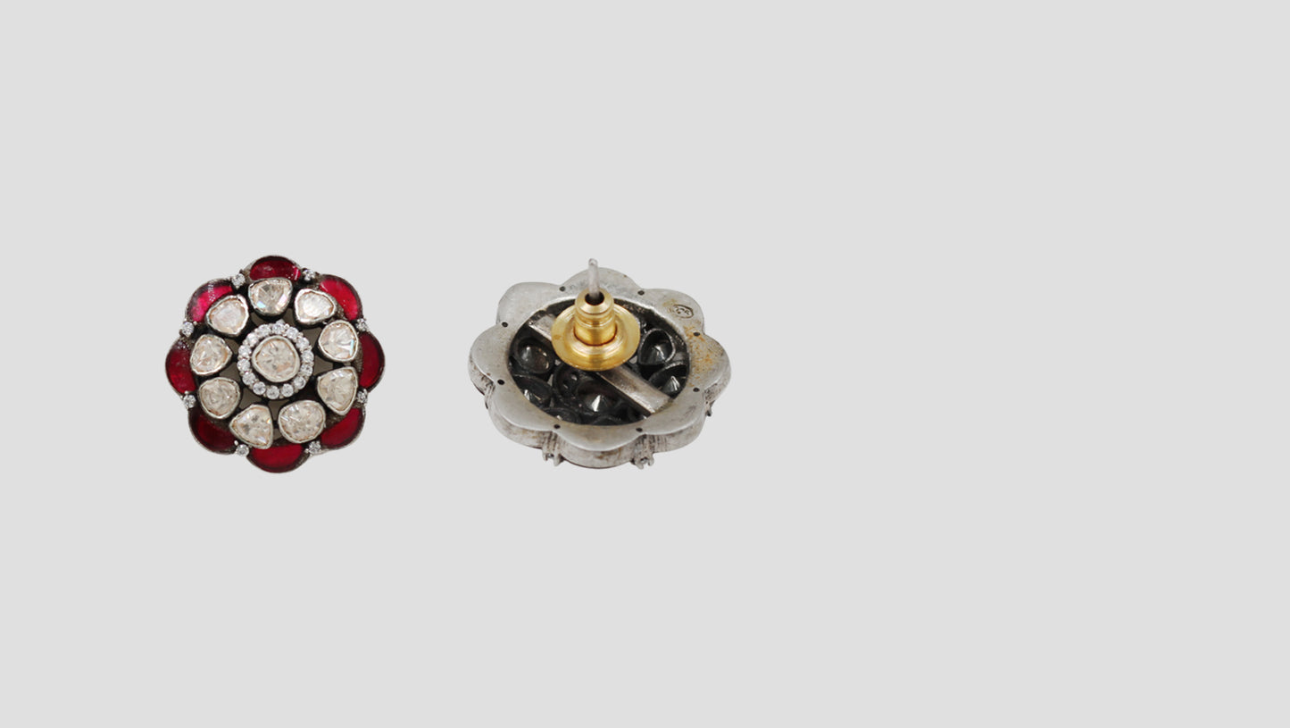 Sangeeta Boochra Handcrafted Silver Floral Earrings with Red Kundan & Moissanite