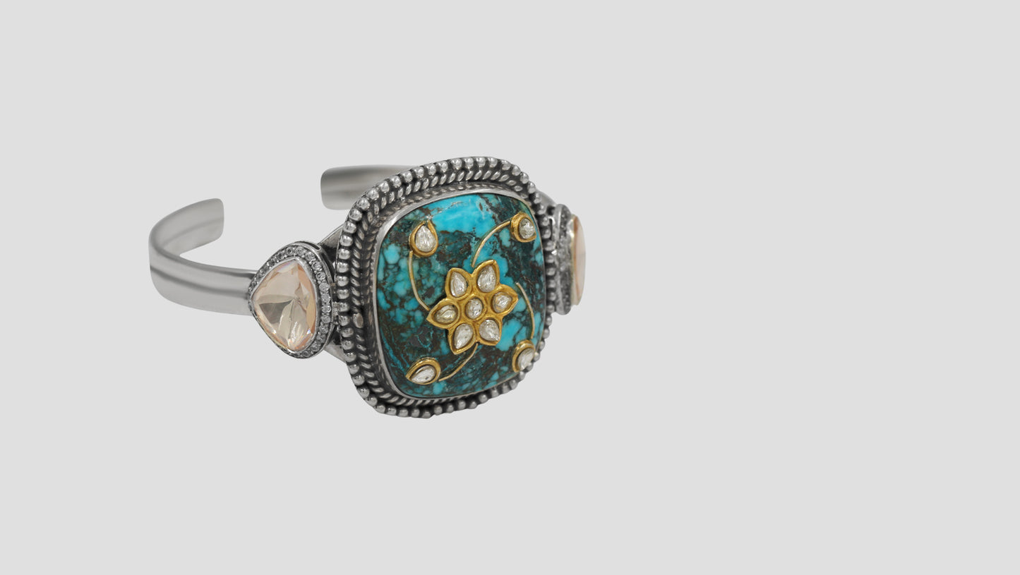 Sangeeta Boochra Silver Statement Bracelet with Turquoise Stone & Floral Motif