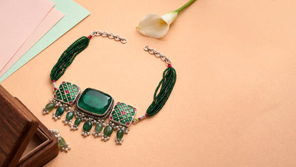 Sangeeta Boochra Handcrafted Green Bead Silver Statement Choker