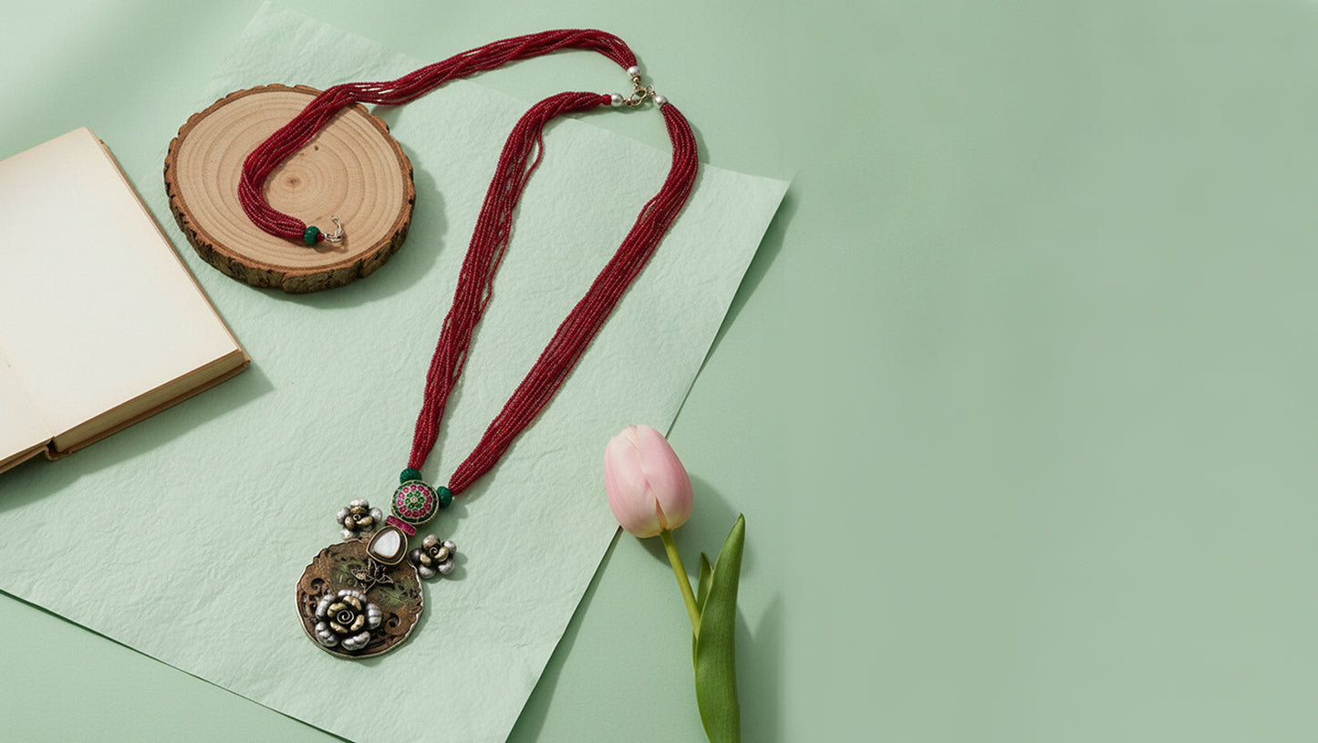 Sangeeta Boochra Statement Silver Pendant Necklace with Red Beads & Artistic Detailing