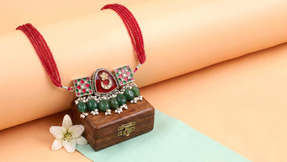 Sangeeta Boochra Red Beaded Silver Choker with Green Stone Drops