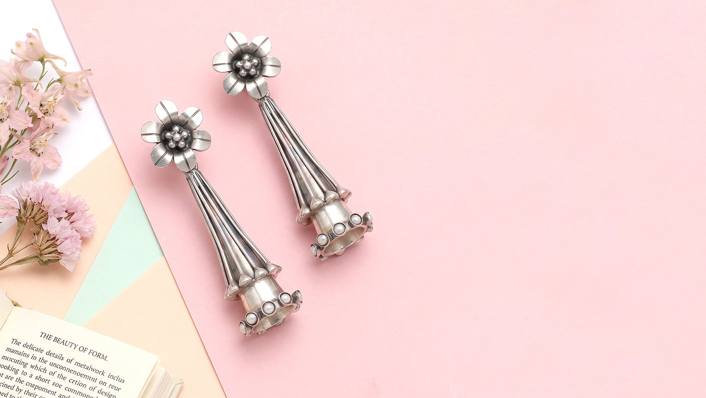Handcrafted Floral Silver Earrings by Sangeeta Boochra
