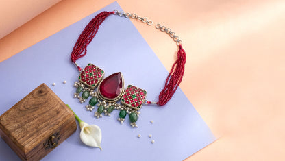 Sangeeta Boochra Festive Red Bead Silver Statement Choker