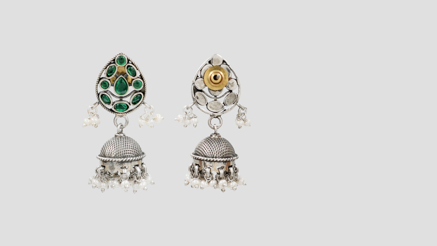 Sangeeta Boochra Handcrafted Green Stone & Pearl Silver Jhumkas