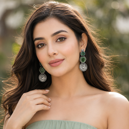 Sangeeta Boochra Signature Silver Peacock Motif Earrings with Green Gemstone Detailing