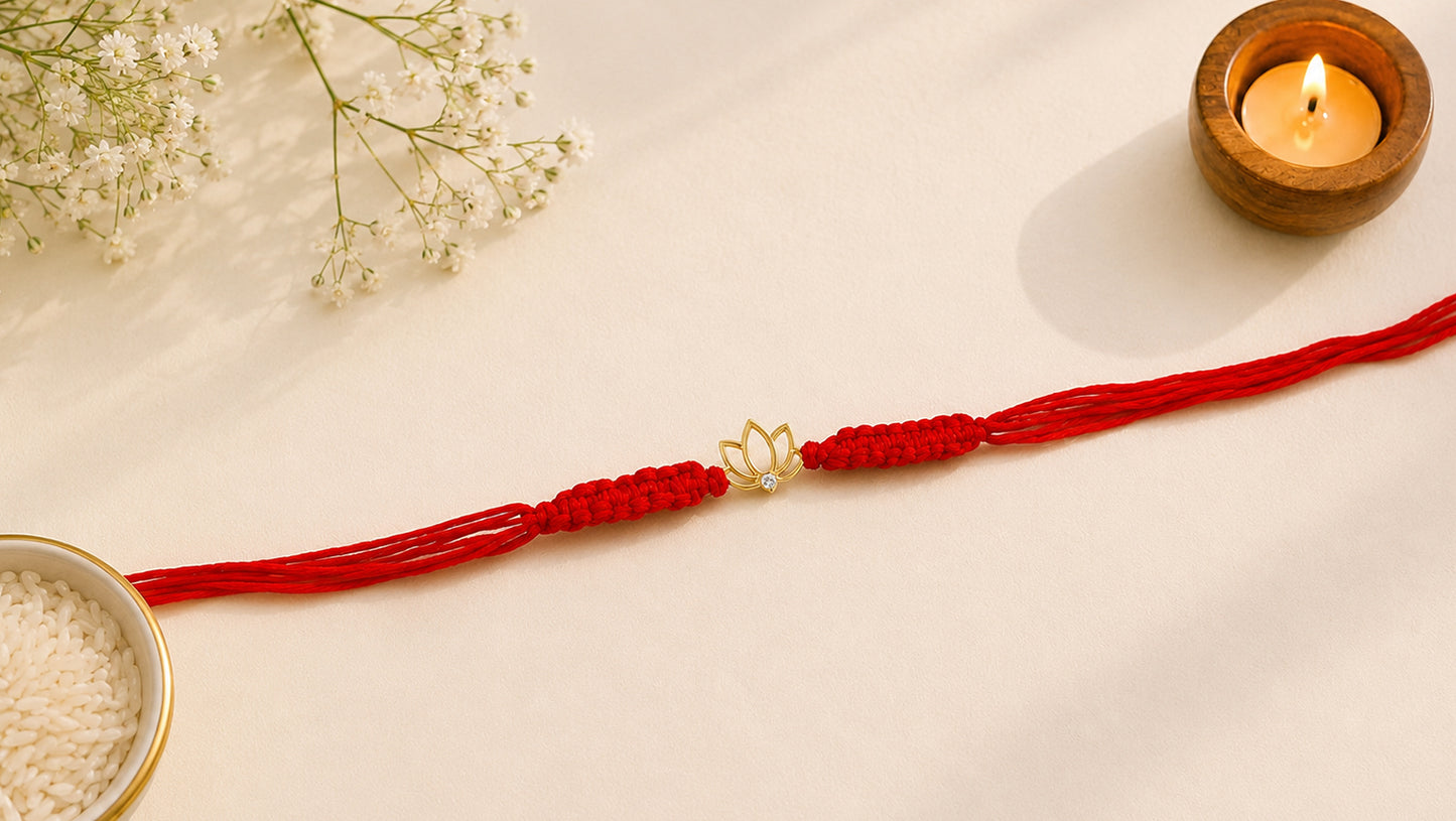 925 Sterling Silver Lotus Rakhi with Red Thread | Sangeeta Boochra