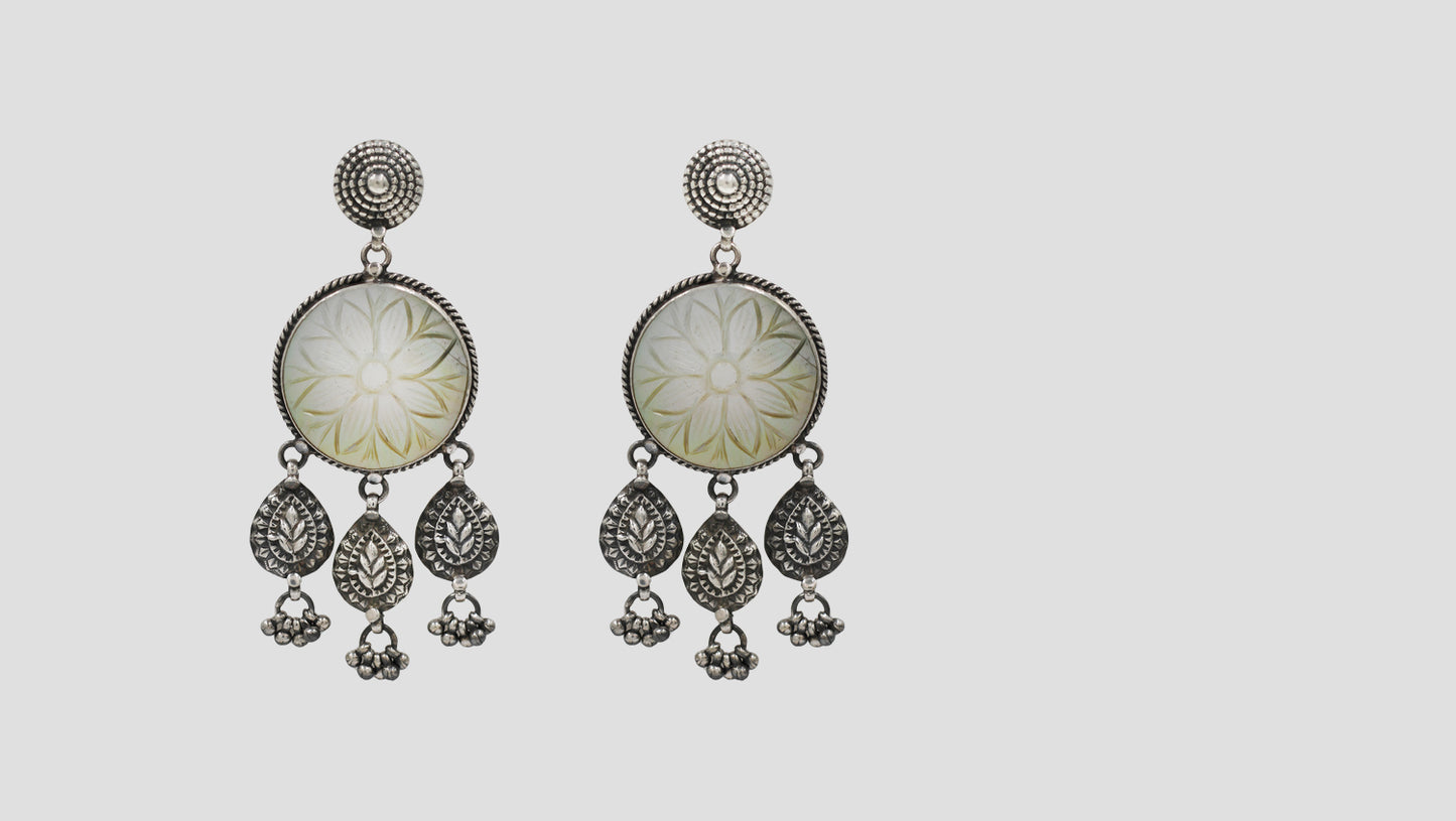 Sangeeta Boochra Floral Carving Stone Silver Earrings