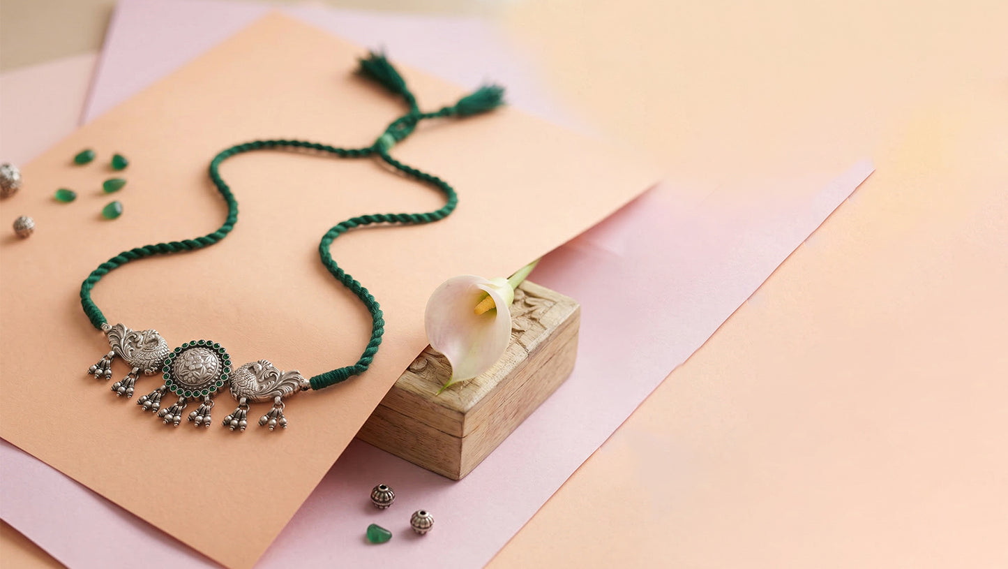 Artisan Oxidised Silver Choker with Peacock Motifs