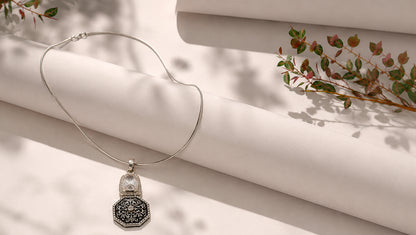 Sangeeta Boochra Designer Oxidised Silver Pendant with Floral Motif & Moissanite