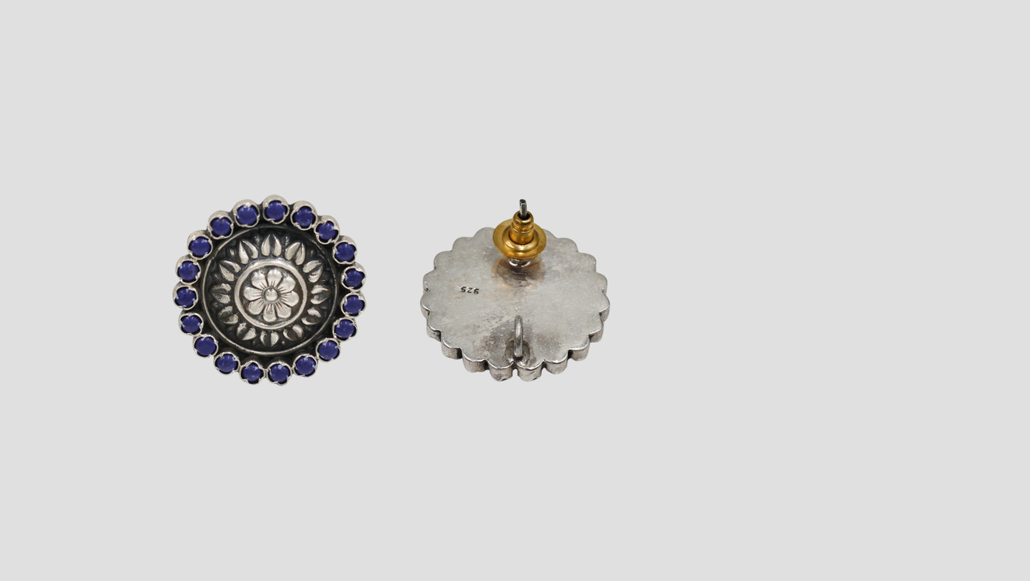 Sangeeta Boochra Statement Floral Oxidised Stud Earrings with Lapis Stones