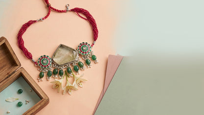 Sangeeta Boochra Handcrafted Red Bead Silver Statement Choker
