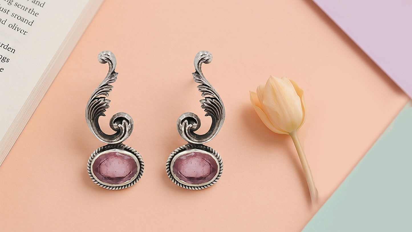 Sangeeta Boochra Classic Oxidised Silver Earrings with Oval Pink Stone