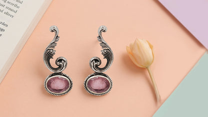 Sangeeta Boochra Classic Oxidised Silver Earrings with Oval Pink Stone