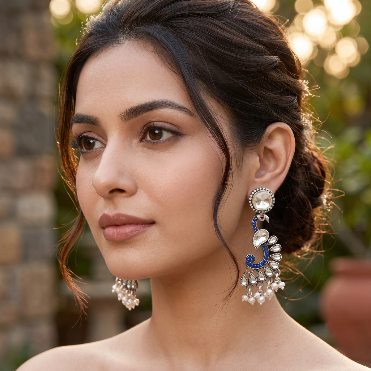 Sangeeta Boochra Peacock-Inspired Silver Earrings with Moissanite & Kundan