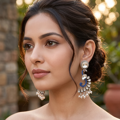 Sangeeta Boochra Peacock-Inspired Silver Earrings with Moissanite & Kundan