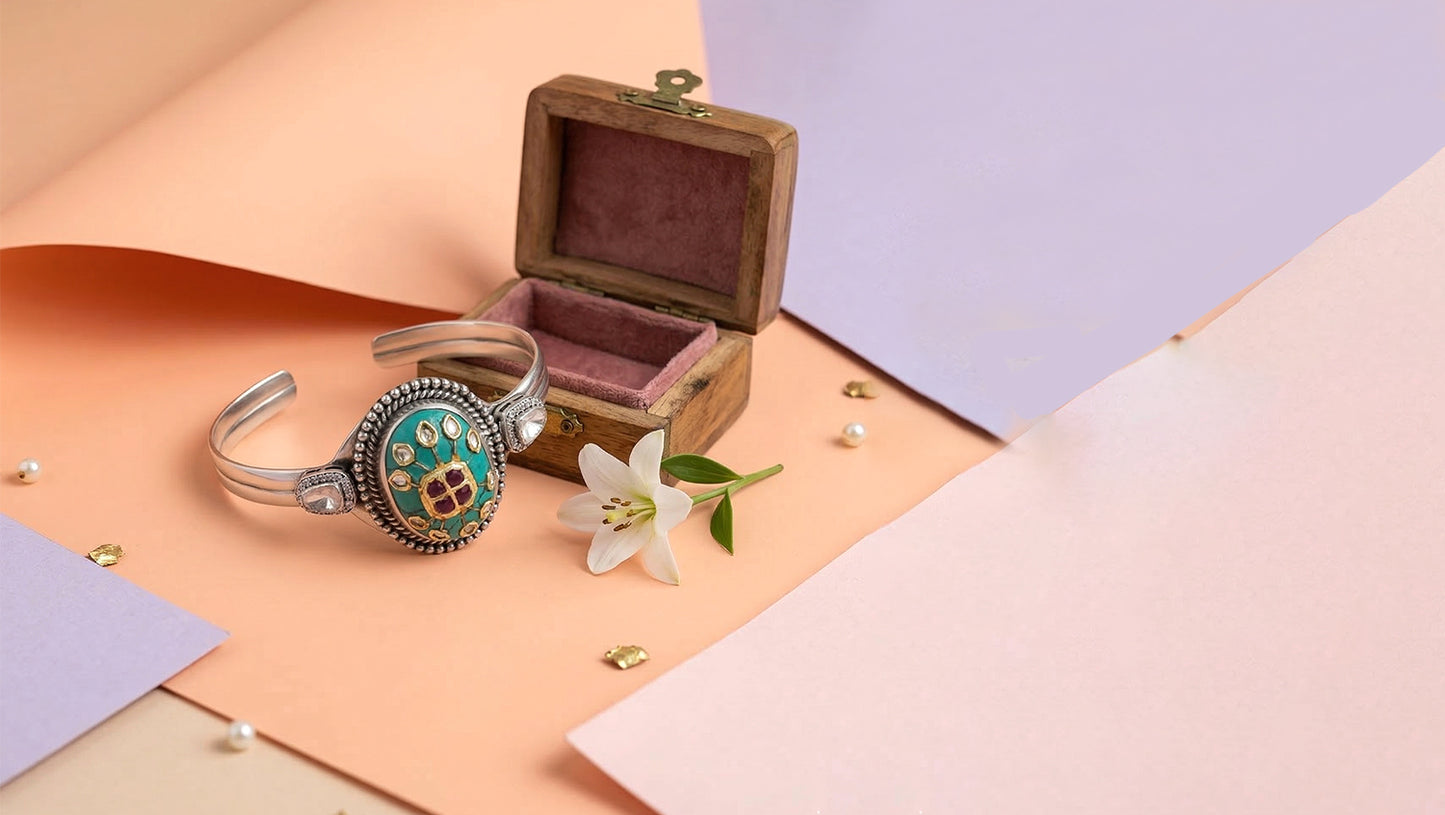 Sangeeta Boochra Silver Statement Bracelet with Turquoise-Tone Stone & Kundan Detailing