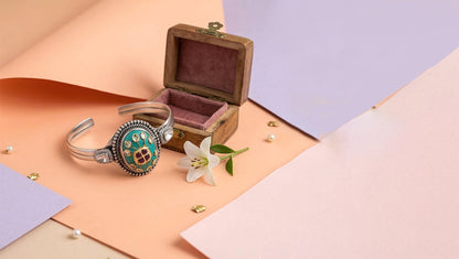Sangeeta Boochra Silver Statement Bracelet with Turquoise-Tone Stone & Kundan Detailing