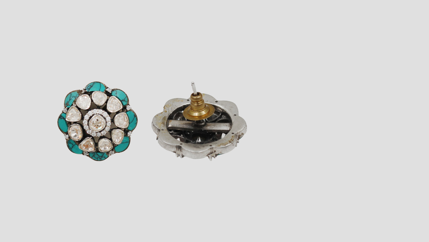 Sangeeta Boochra Turquoise & Moissanite Floral Silver Stud Earrings