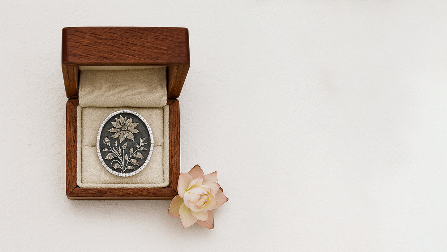 Handcrafted Silver Floral Motif Brooch with White Stone Border | Sangeeta Boochra