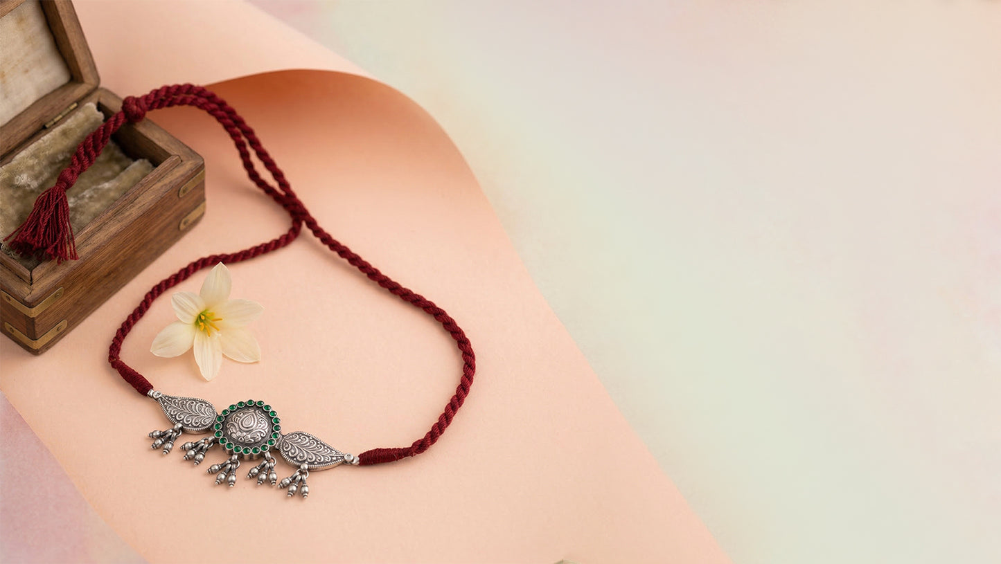 Sangeeta Boochra Vintage Silver Choker with Green Stone Detailing