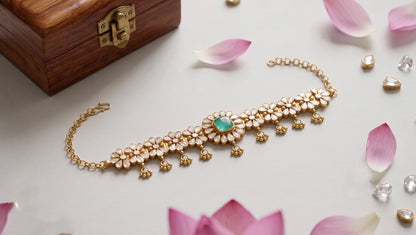 Sangeeta Boochra Gold Plated Sterling Silver Floral Motif Choker with Moissanite & Green Stone