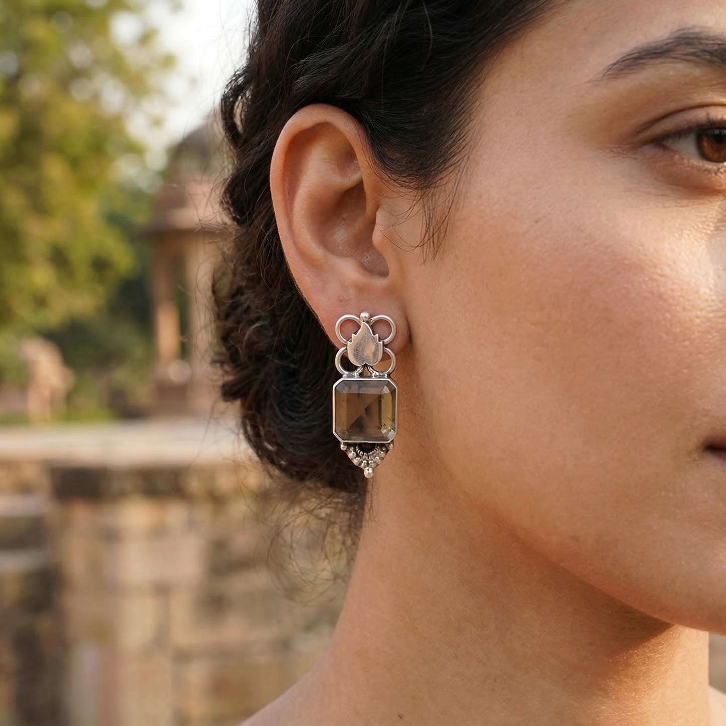 Sangeeta Boochra Heritage Silver Earrings – Floral Motif with Smoky Quartz