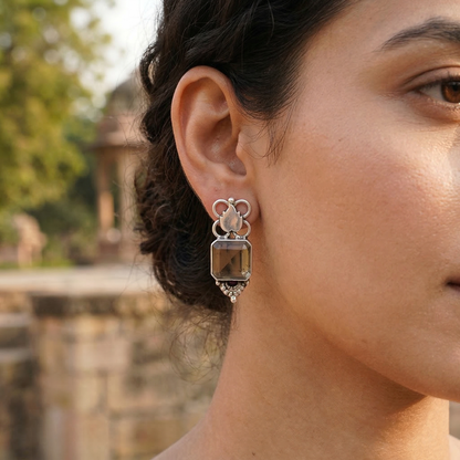 Sangeeta Boochra Heritage Silver Earrings – Floral Motif with Smoky Quartz