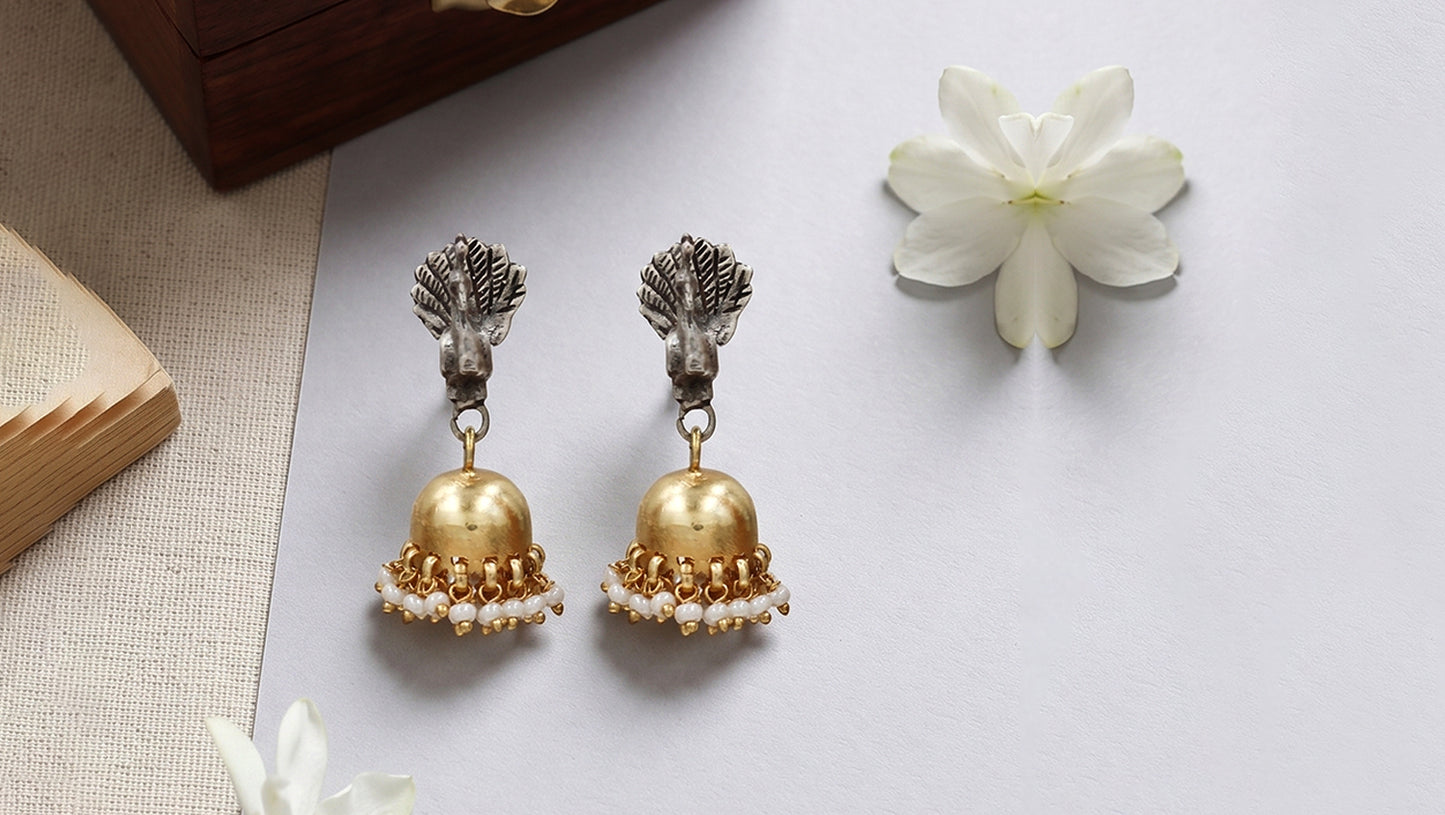 Peacock Motif Dual Plated Silver Jhumka Earrings by Sangeeta Boochra