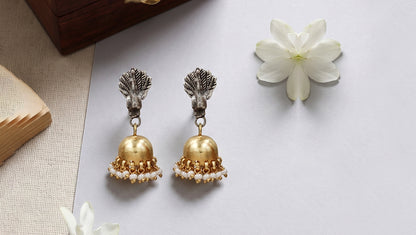 Peacock Motif Dual Plated Silver Jhumka Earrings by Sangeeta Boochra