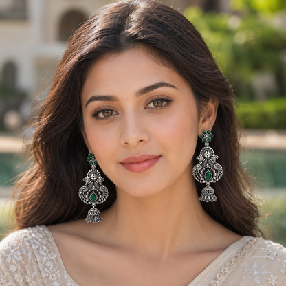 Sangeeta Boochra Peacock Motif Sterling Silver Earrings with Green Kundan & Jhumki Drop