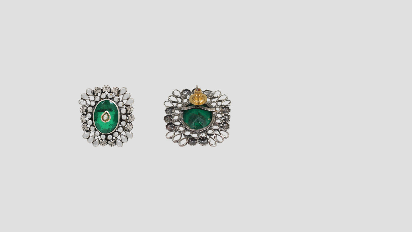 Sangeeta Boochra Royal Green Stone Floral Silver Earrings