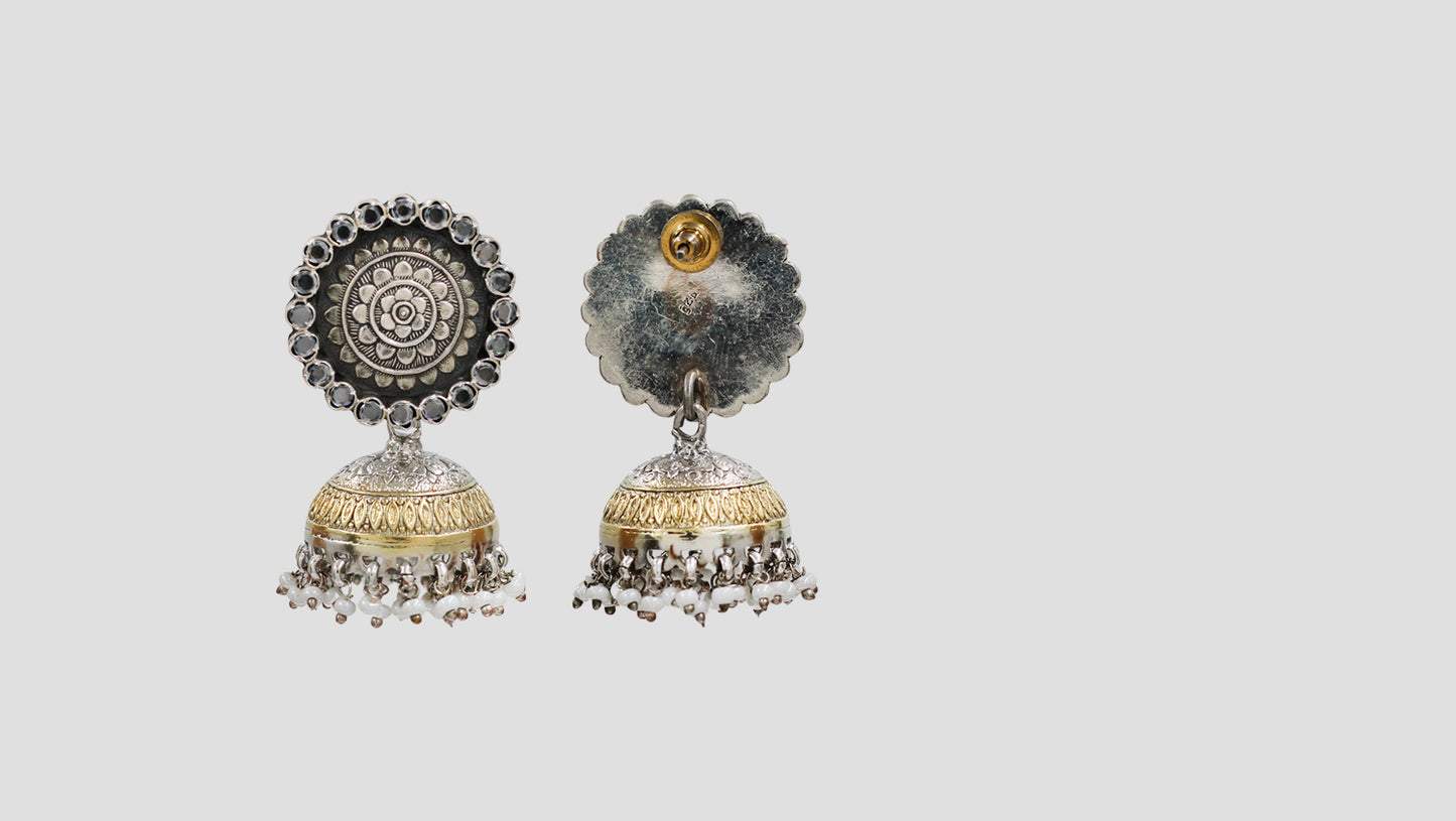 Sangeeta Boochra Artisan Dual Tone Engraved Jhumka Earrings
